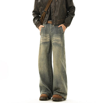 Riolio Vintage Blue Men's Distressed Denim Pants Wide Leg Trousers Jeans Straight Loose Mopping Pants Streetwear Male Casual Fashion